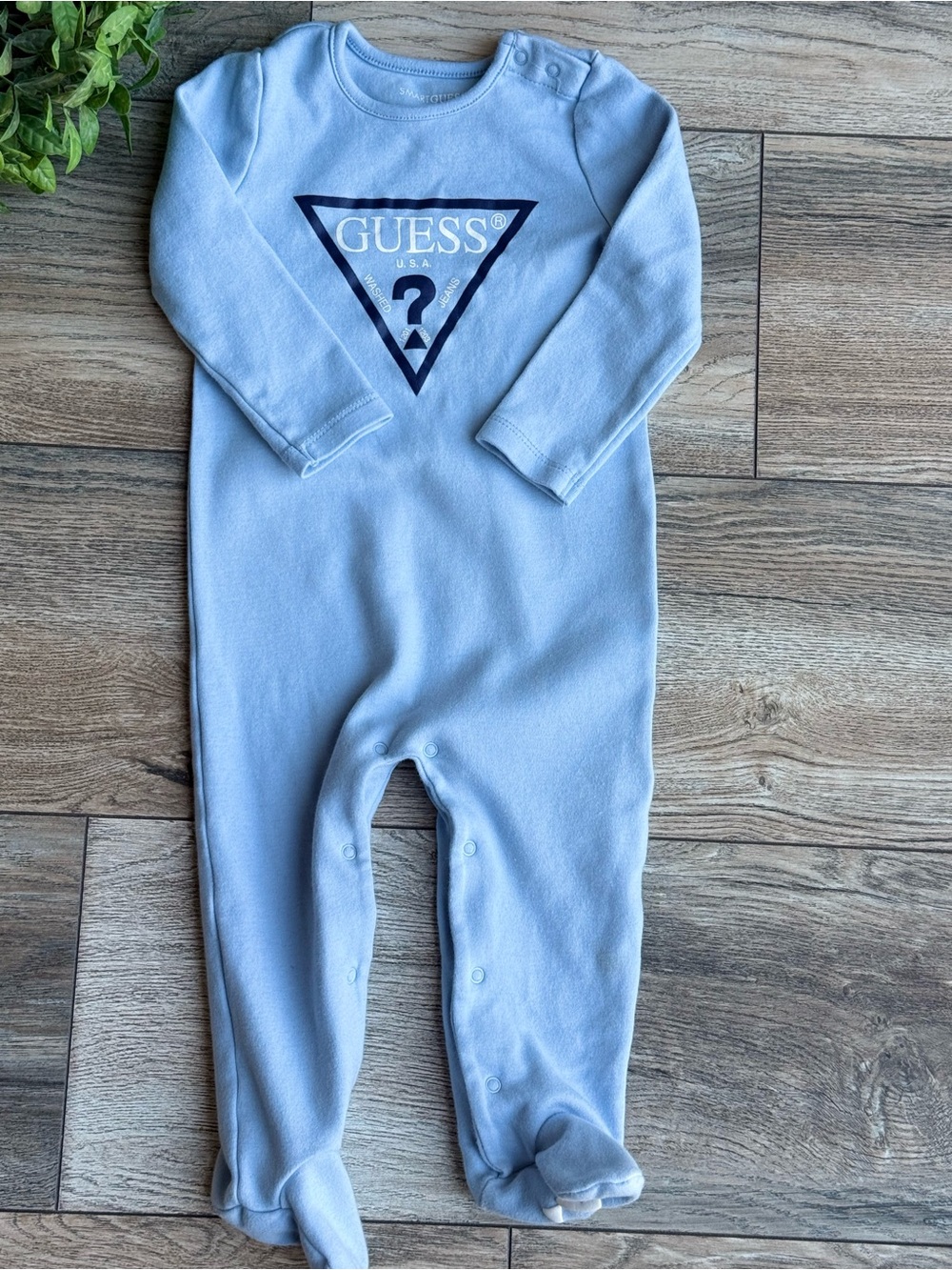 GUESS Light Blue Footed Baby One-Piece with Logo